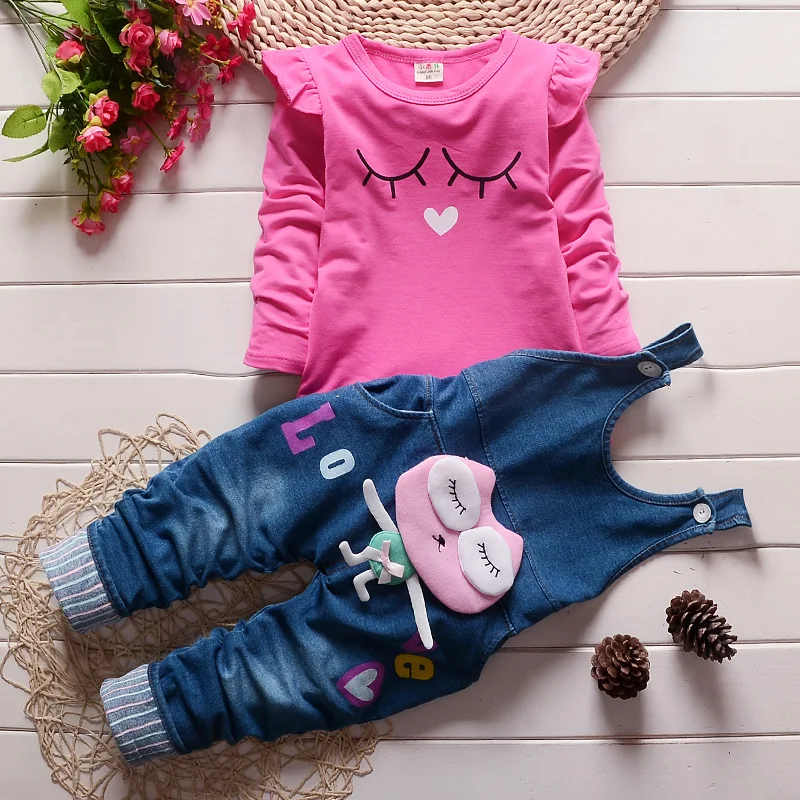 Fashion Casual Comfortable Cute Cartoon Long Sleeve T-shirt Denim Pants Kids Clothing Girl Wholesale Children Boutique Clothing