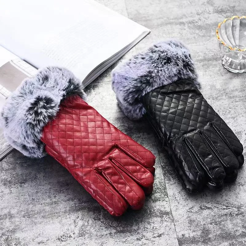 Hot Sell Winter Warm Gloves PU Leather Faux Fur Cuff Gloves Touch Screen Gloves for Women