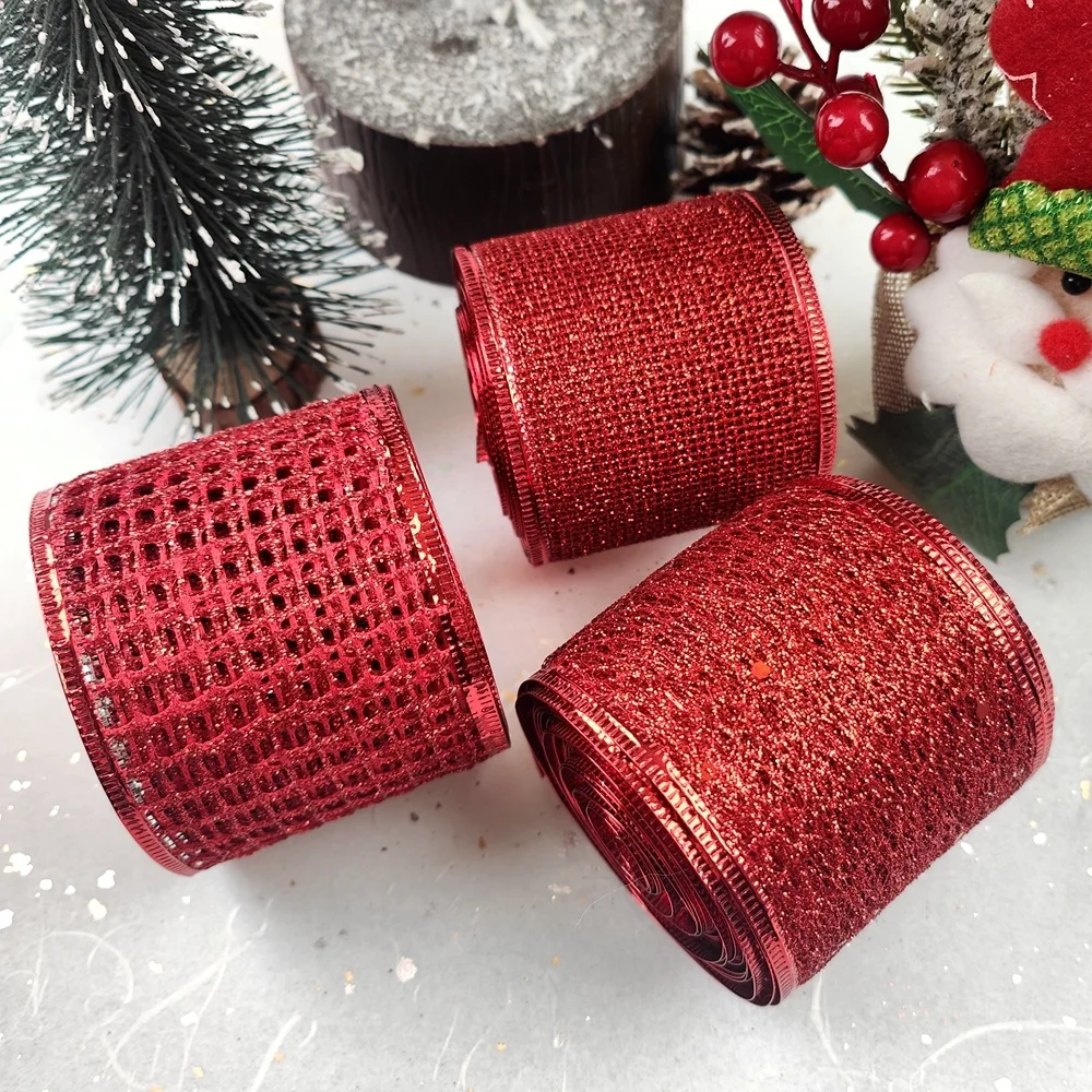 2.5inch Glitter Wired Edge net  Mesh Christmas Ribbon for Holiday Decoration DIY Art Craft