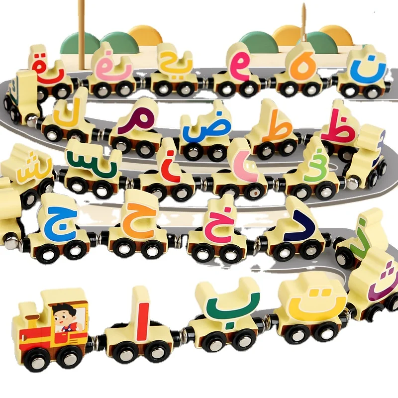 Montessori Arabic Letter Learning Game Educational Magnetic Trailer Toy Wooden Russian Alphabet Train Set For Boys And Girls
