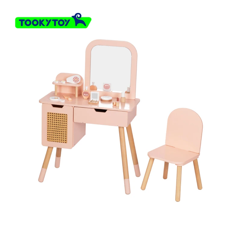 Wooden Vanity Table Kids Dressing Table Girls Beauty Princess Fashion Makeup Sets Pretend Play for Kids