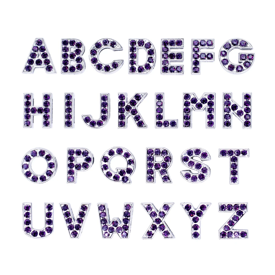 Purple color Slide Crystal Letters For Women Jewelry Making Gift Alphabet 8mm A-Z DIY Pet Collar Wristband Slide Charms