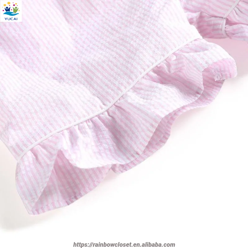 Children Girls Custom Design Ruffle Collar Shirts and Pants Set Kids Gingham Cotton Vintage Home Sleep Wear