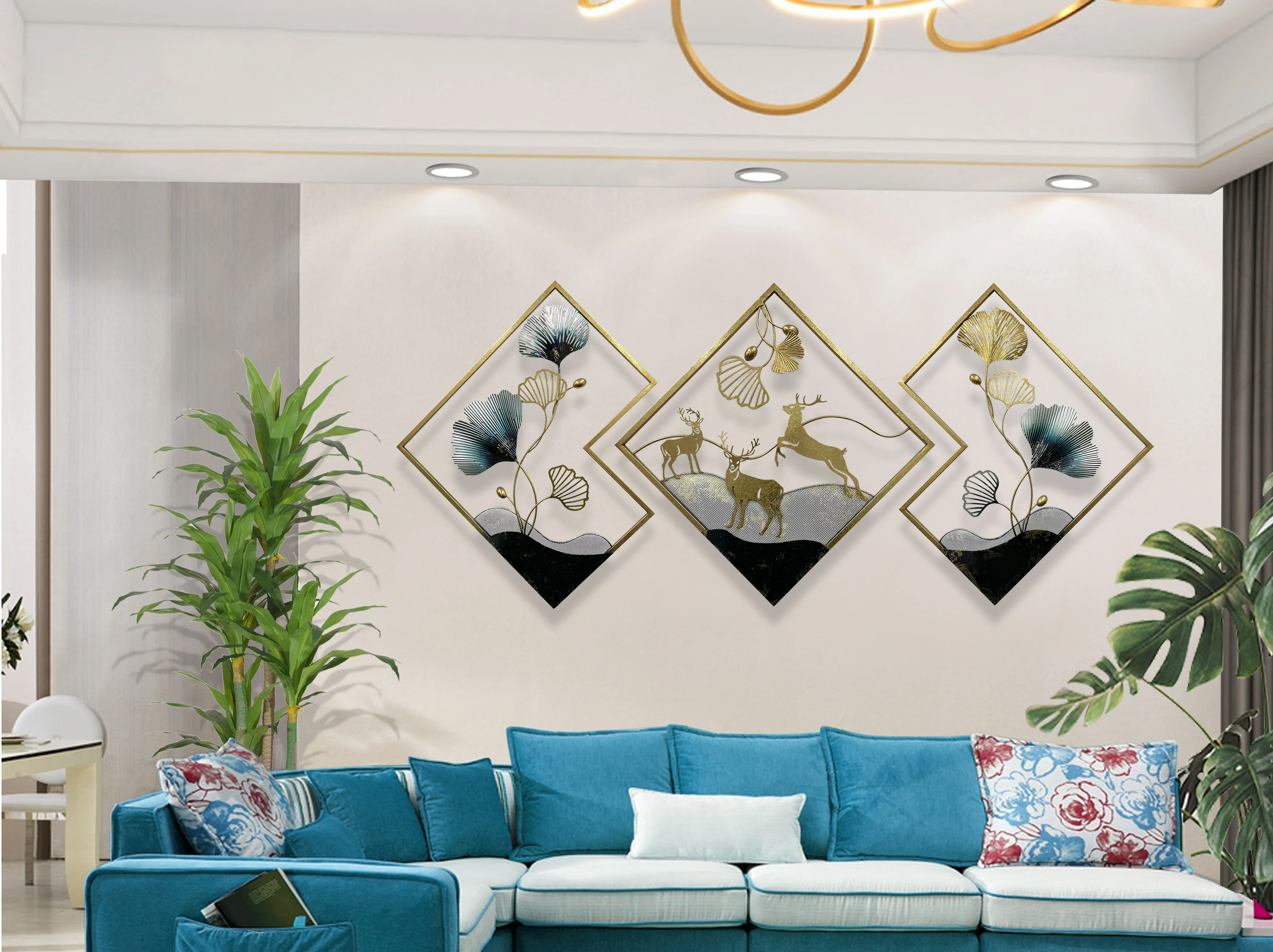 Nordic style ginkgo leaf with deer metal wall hanging sets modern wall decor golden background living room bedroom wall hanging