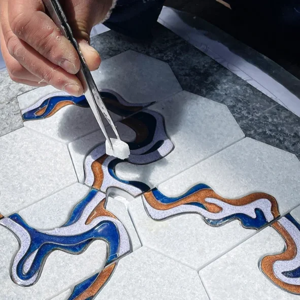 High luxury chinese opera waterjet tile art pattern cloisonne Mosaic with a blue flow pattern wire cutting process marble mosaic