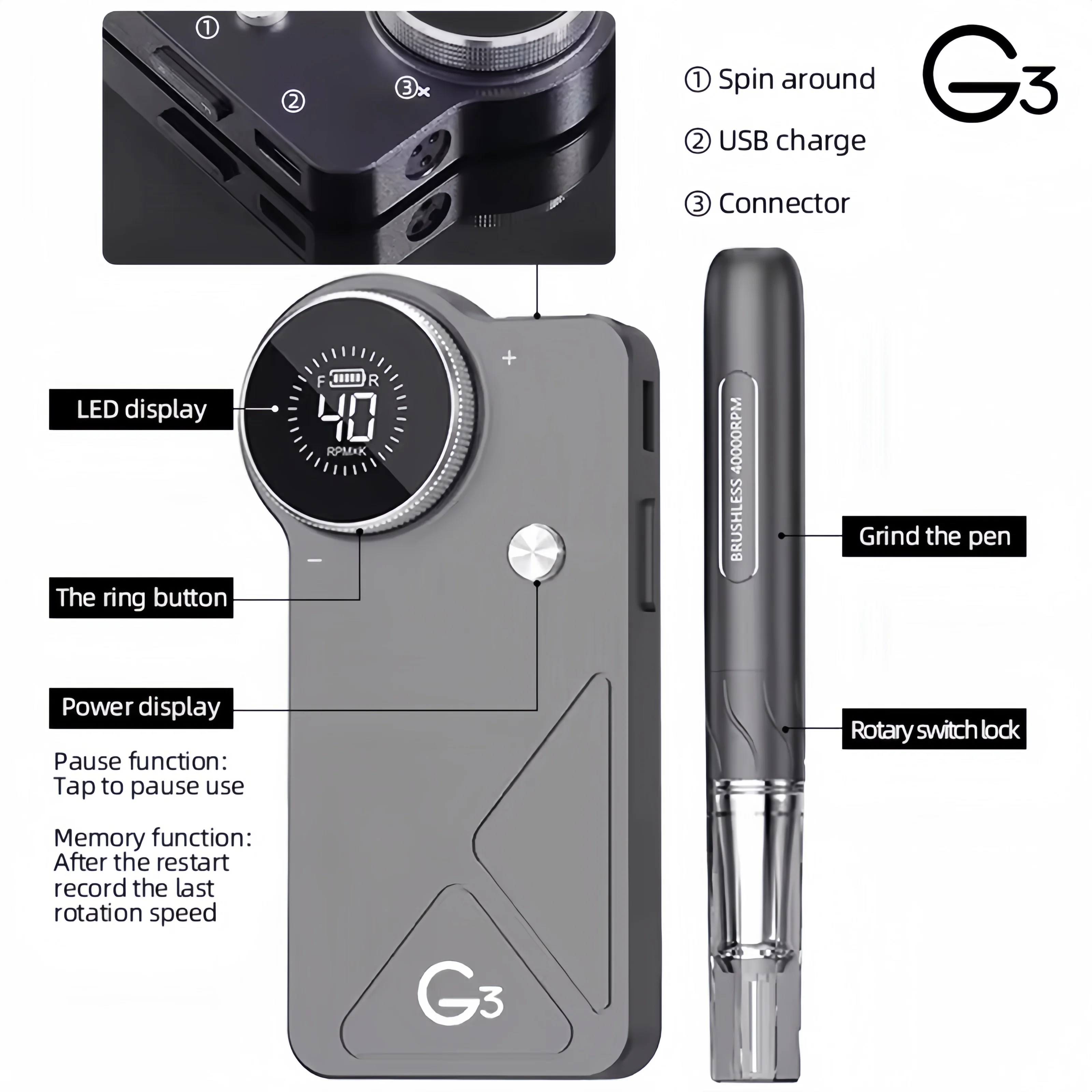 MD oxxi UV G3 40000 rpm Brushless Motor Rechargeable Nail Drill Machine Cordless 15 Hours Battery Life Electric Nail File