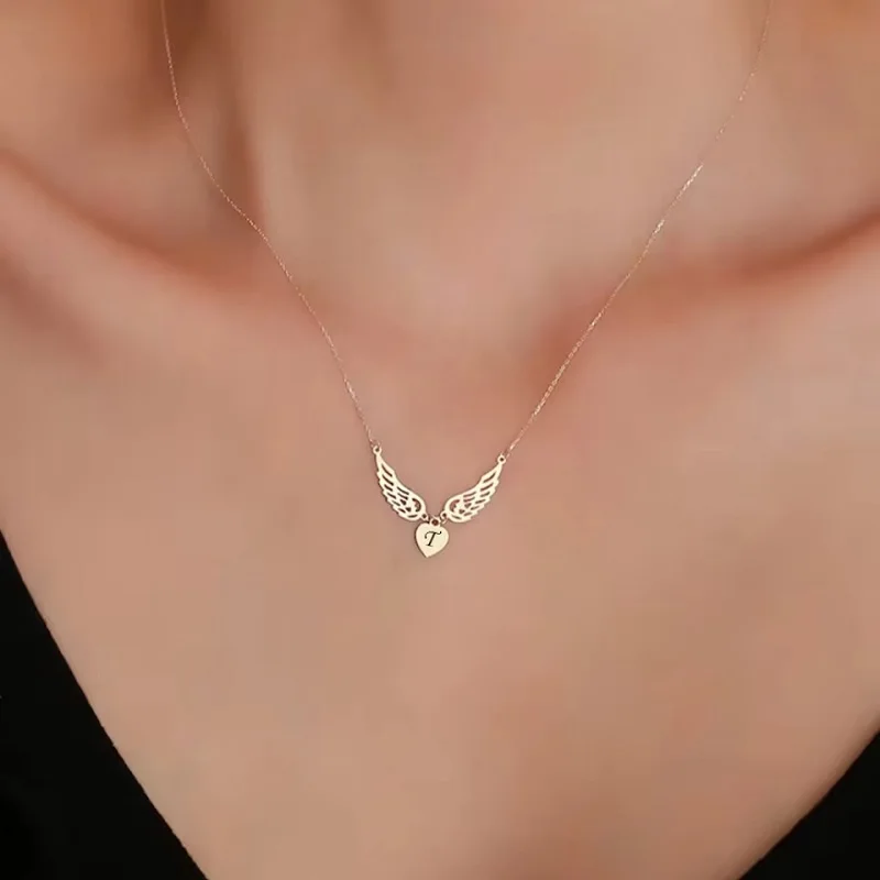 Duoying Fashion Initial Letter Pendant Necklace Stainless Steel Heart Wing Choker Necklace for Woman