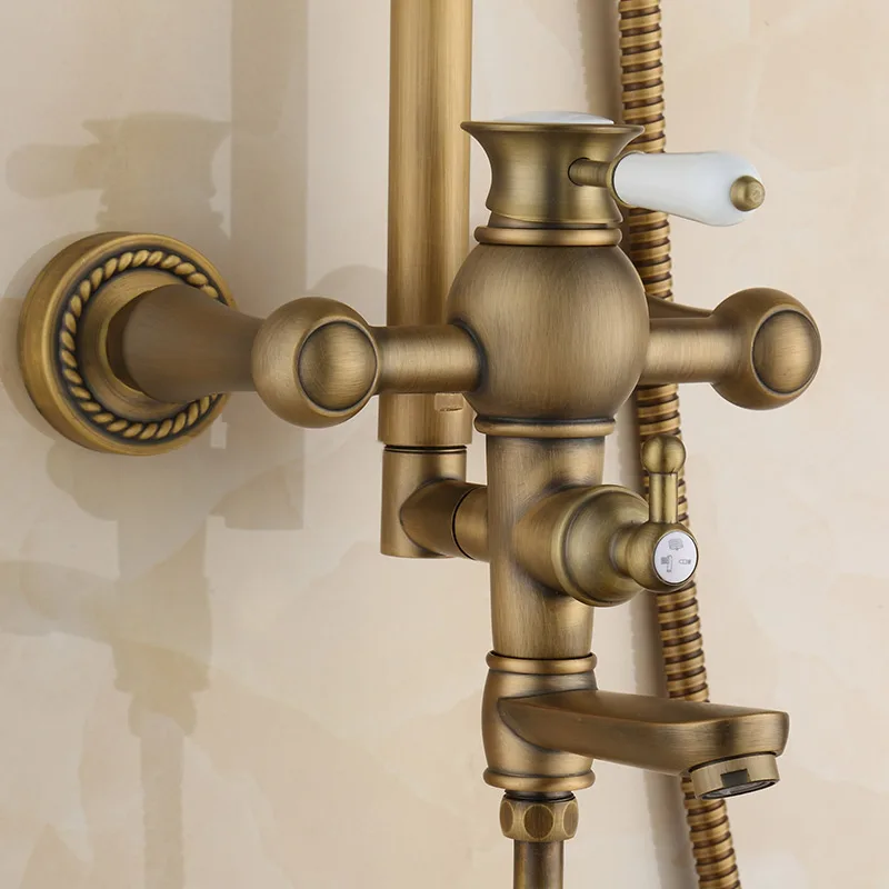 Best Selling Bathroom Exposed Shower Mixer Wall Mount Antique Brass Gold Rainfall Shower Faucet Set