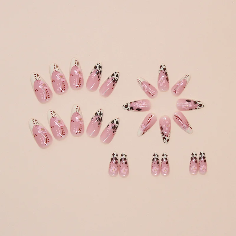 Wholesale Luxury French Medium Almond Pink Leopard Press On Nails 24pcs False Artificial Fingernail Private Label False Nails