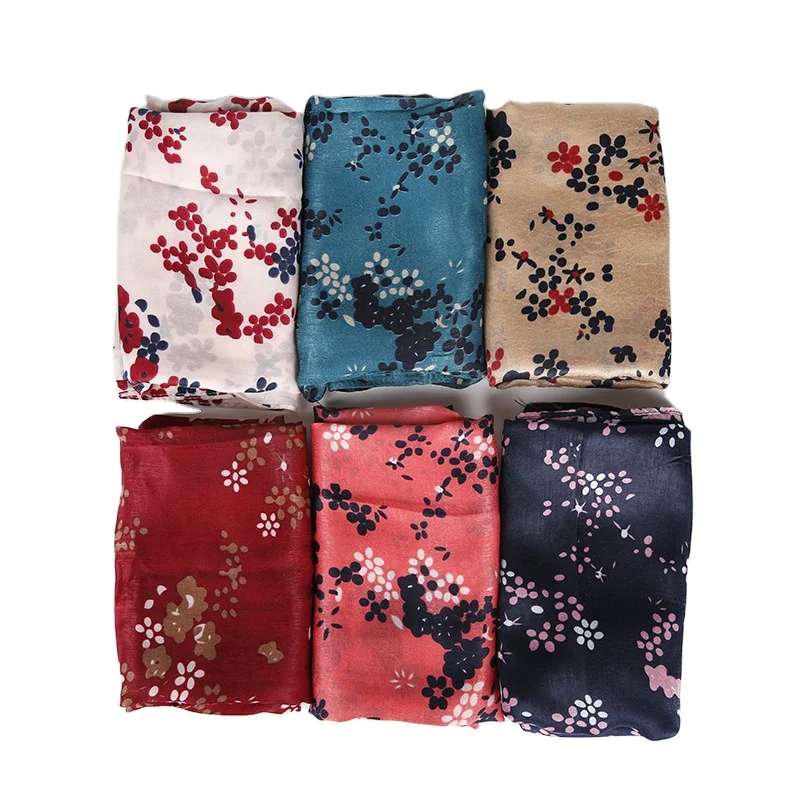 Summer Flower Printed Head Scarf Silk Satin Scarf Hijab New Products Turkish Women Long 6 Colour 65*170 CN;ZHE ZIROU D-103 70g