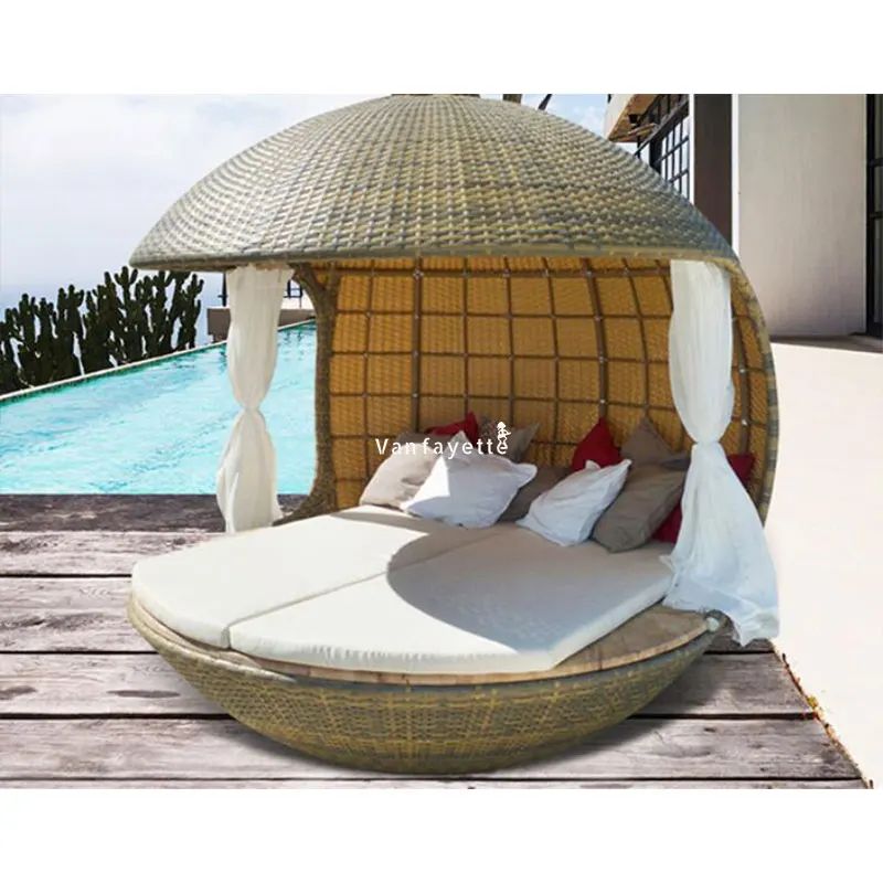 Outdoor Rattan Day Bed Garden Furniture Lounger Pool Daybed With Canopy