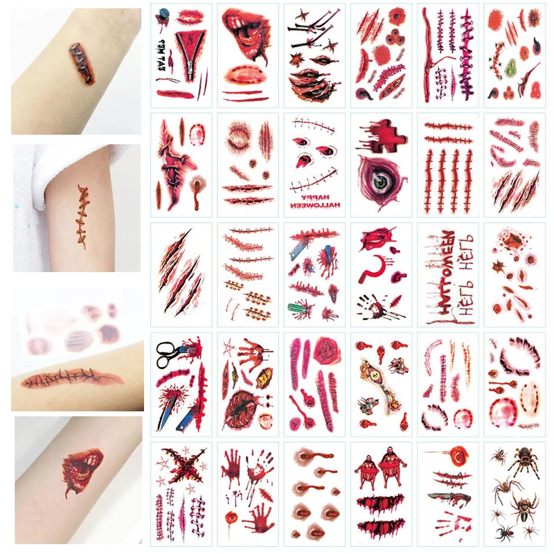 DIY Custom Tattoo Sticker Halloween Realistic Tattoo Scars Blood Wounds Stickers Body Scar Tattoo Sticker