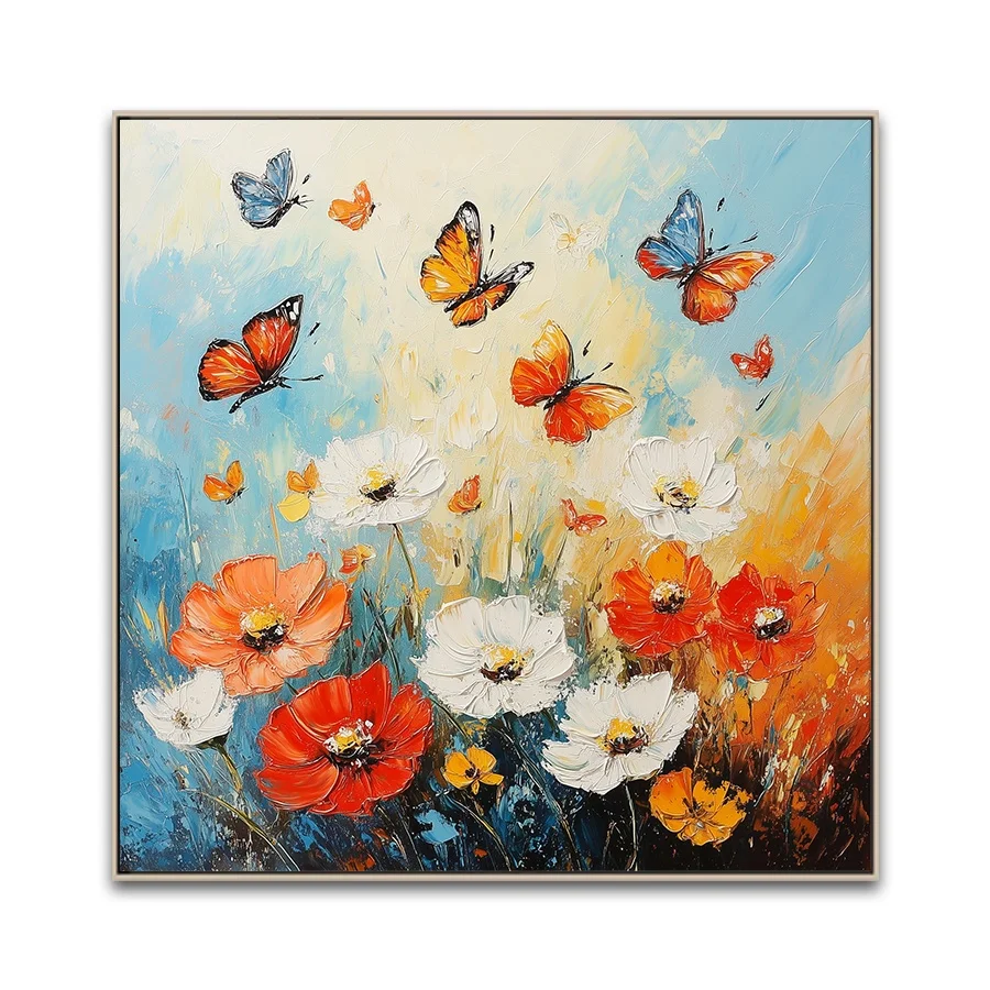 Custom Modern Hot Selling Oil Paintings Butterfly Backside Hand-painted Brush Flowers Canvas Art Prints For Hotel Projects
