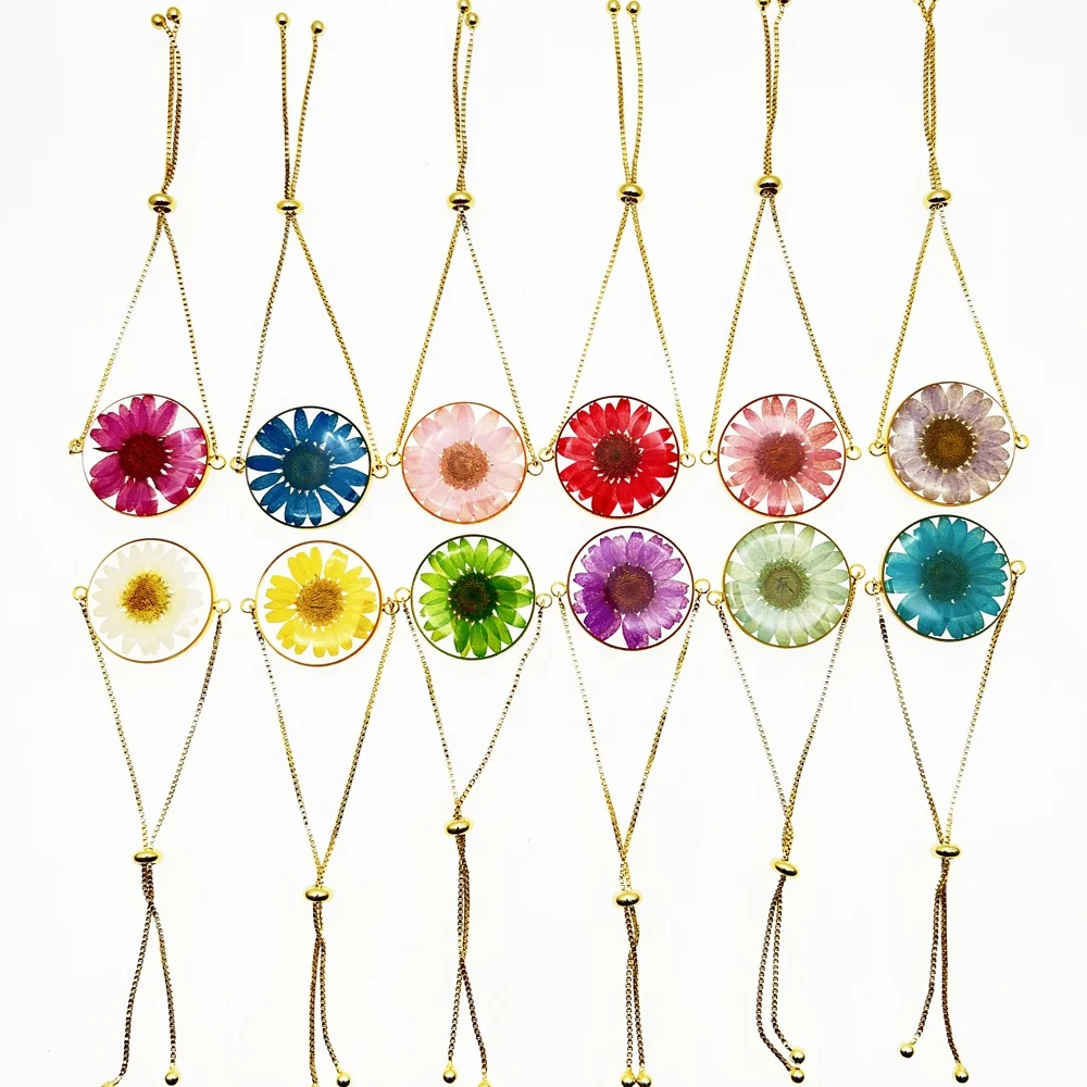 2023 hot selling women jewelry colorful real dried pressed flowers daisy 18k gold stainless steel adjustable bracelet