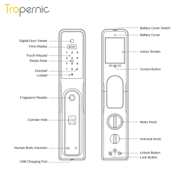 Security Automatic Wireless Password Card Tuya App Smart Fingerprint Door Lock With Cats Eye Camera