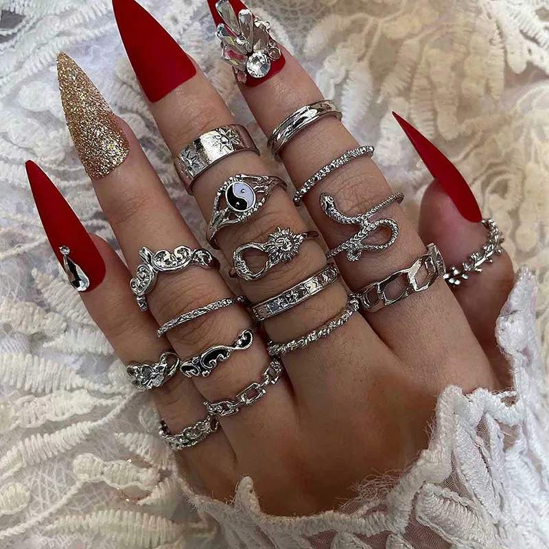 16pcs Knuckle Stacking Rings Set Vintage Retro Snake Sun Bohemian Joint Knot Midi Rings Jewelry Accessories