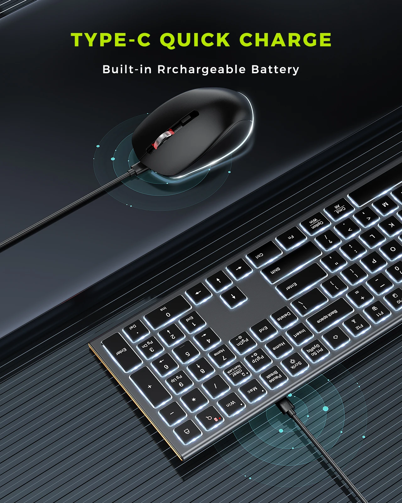 Seenda Rechargeable Ergonomic Keyboard & Mouse RGB Backlit Keyboards and Mice for Mac Windows Wireless Keyboard and Mouse Combo