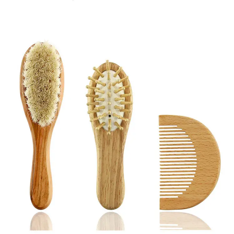 Custom eco friendly natural wooden hair comb brushes safe baby hair comb baby small wool beech wood brush comb set