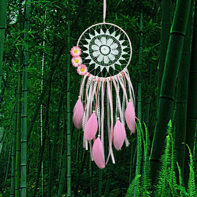 Factory Pink Single Ring Feather Dream Catcher With Flower Romantic Gift Wedding Decoration Interior Pendant Hanging Car Decor