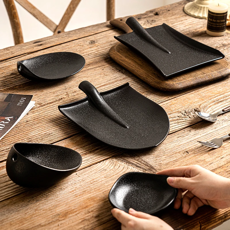 Nordic Irregular Black Clay Cast Iron Look Black Dinner Plate Dessert Serving Dish Restaurant Ceramic Unique Plates