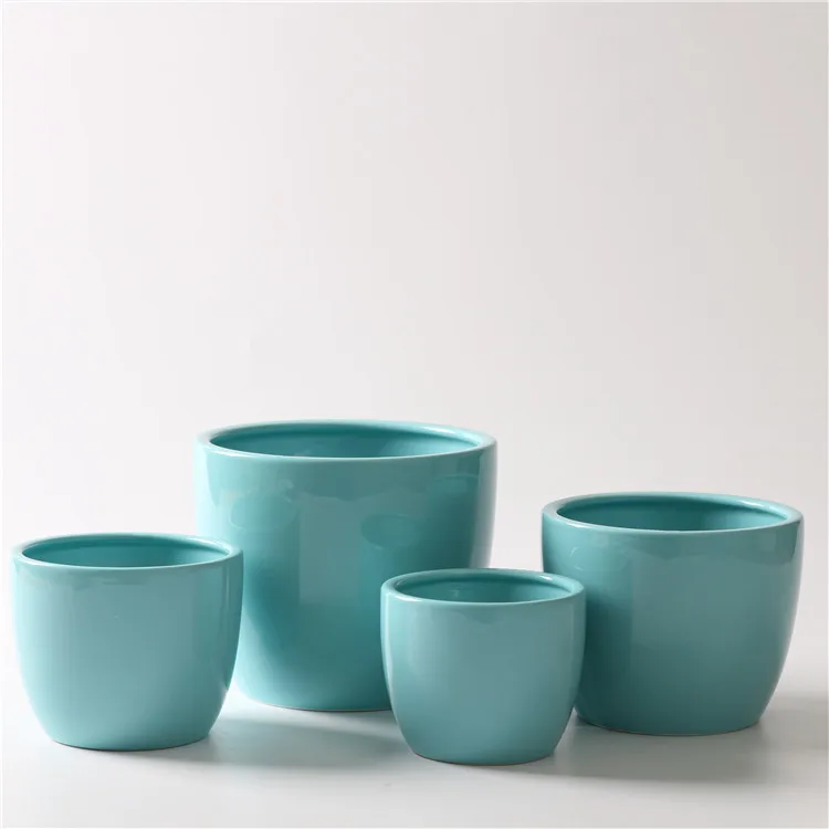 Customized logo solid color balcony decorative home decoration pieces ceramic flower pots with tray