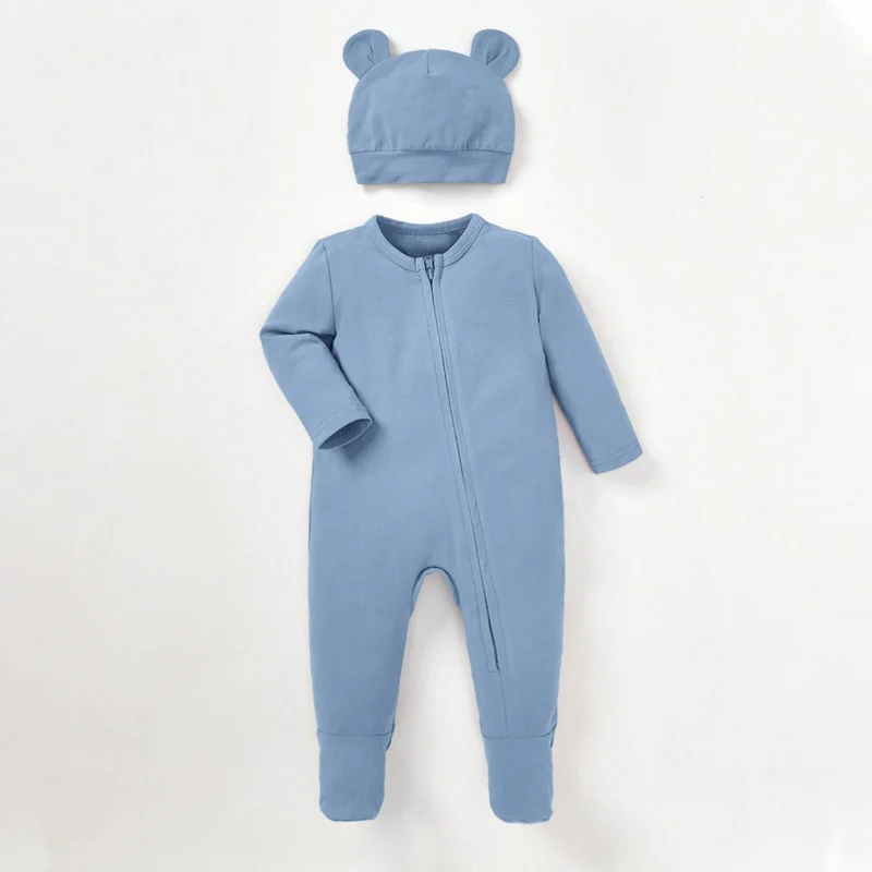 Wholesale Embroidery Autumn Winter Pure Cotton Solid Printed New Born Baby Boys And Girls Romper Jumpsuit With Hat