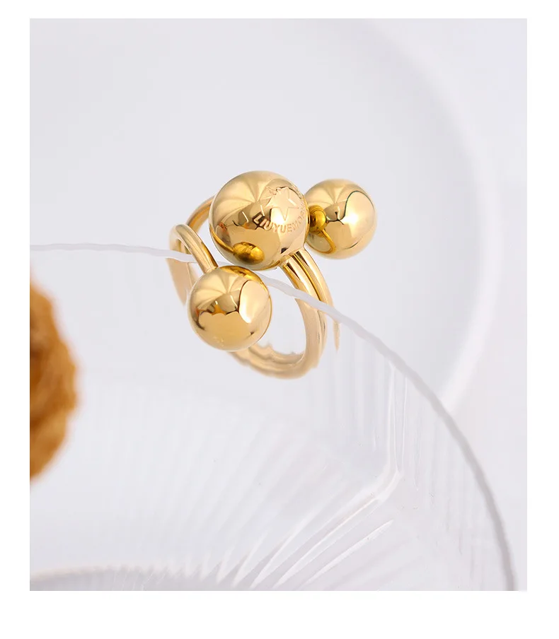 Wholesale Classic 18k PVD  Gold Plated Geometric Round Bead Spiral  Ring Chunky Stainless Steel Ball Twisted Barbell Spiral Ring