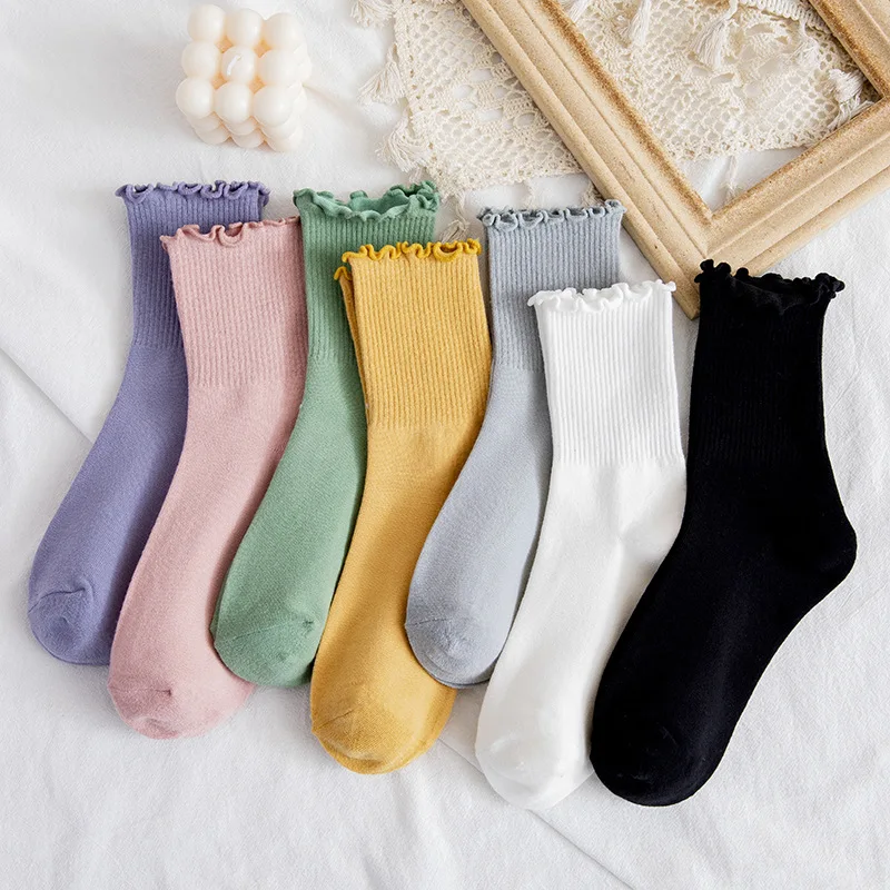 New Arrivals Cute Autumn Winter Hemming Ladies Mid Tube Socks Candy Lace Solid Colors Anti-Slip Cotton Socks Women
