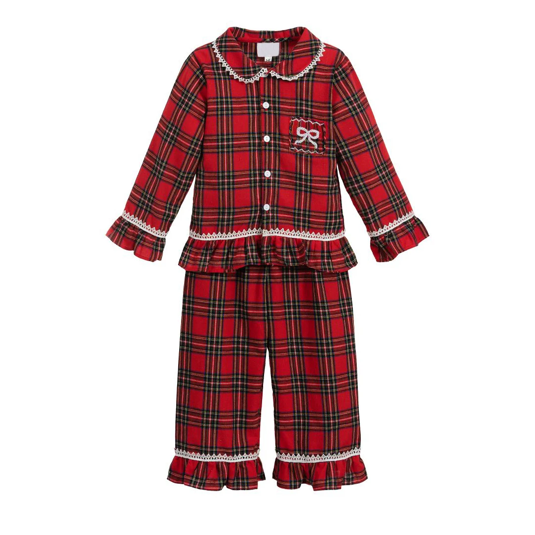 High quality children sleepwear embroidered soft 100%cotton red tartan pyjamas christmas kids pajamas