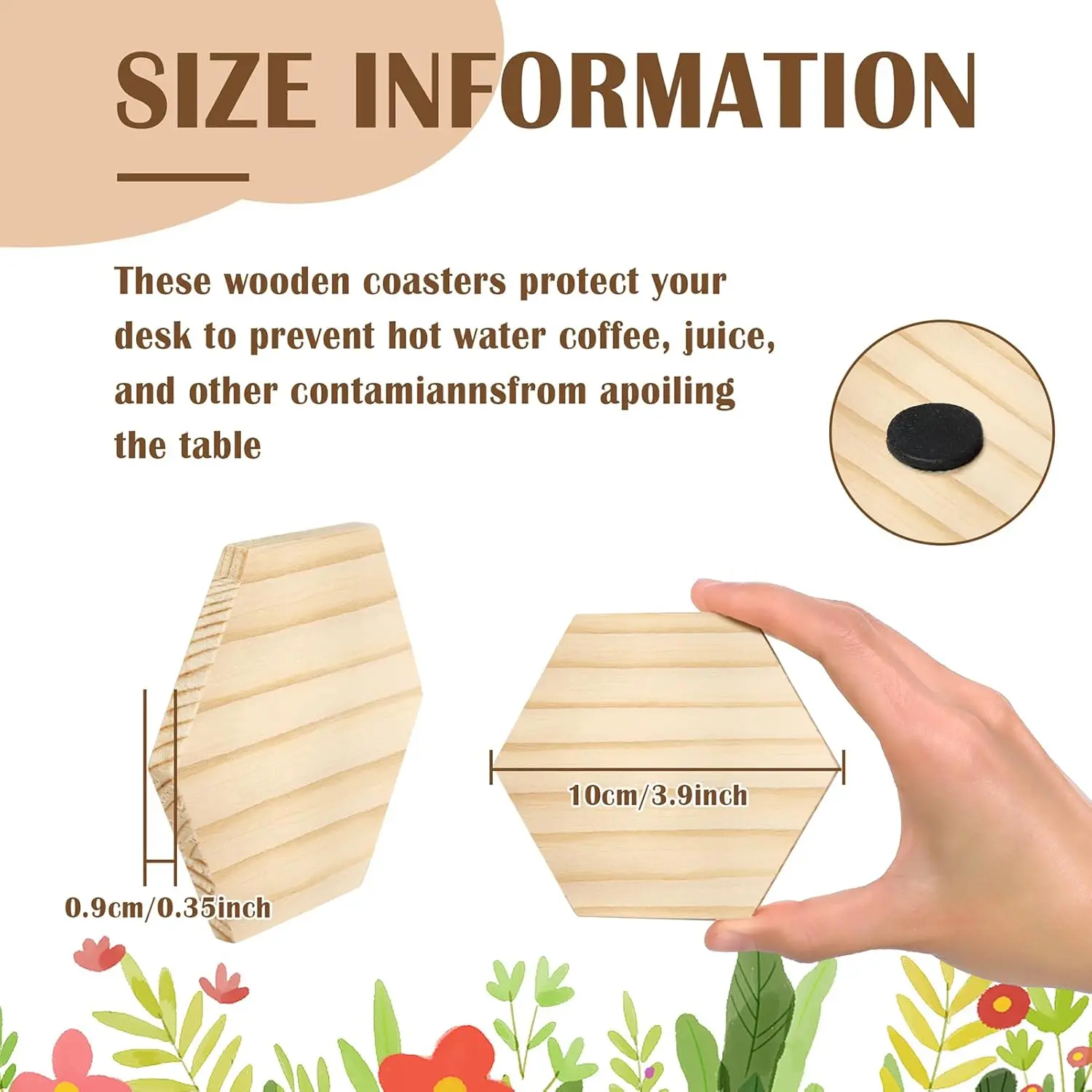 Wood Coasters 4 Inch Hexagon Blank Wood Crafts with Non-Slip Silicon Dots for DIY Architectural Models Drawing Painting