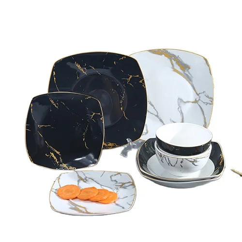 Wholesale Marble Style 16pcs Square Porcelain Dinner Sets Decal  Ceramic Tableware Set Luxury Porcelain Dinnerware Sets