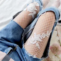 Woman Fashion Sexy Mesh Flowers Bead Stocking  White Fishnet with Applique Pantyhose Tights