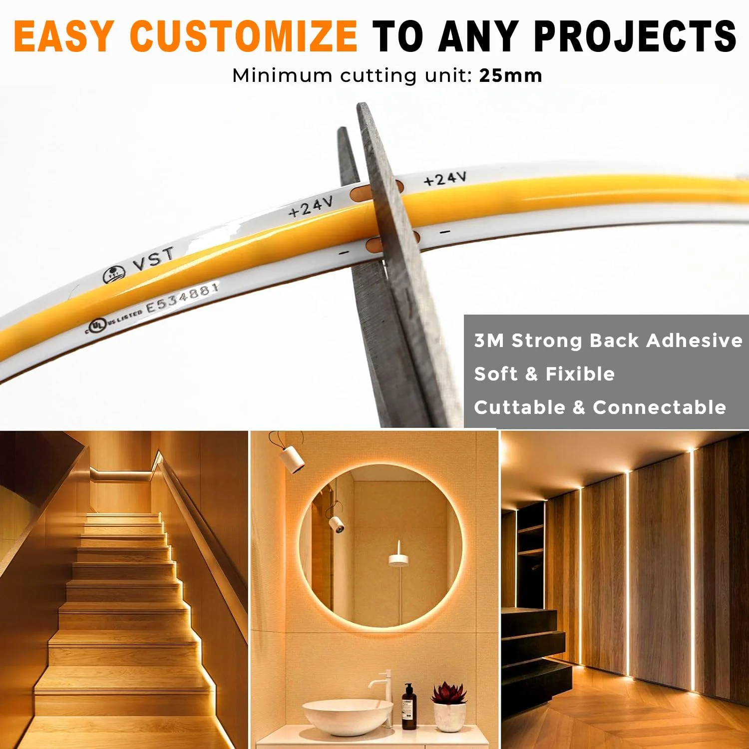 Warm White 32.8ft 3000K 24V Premium High Density 3200LEDs Ra 90+ 12W/M UL Listed for Cabinets Shelves COB RGB LED Strip