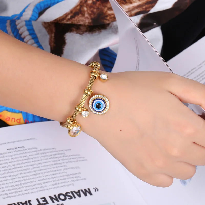 2023 Fashion Stainless Steel Gold Plated Lucky Turkey Blue Eye Wire Bracelet Femme Jewelry Lover Heart Evil Eyes Bracelet