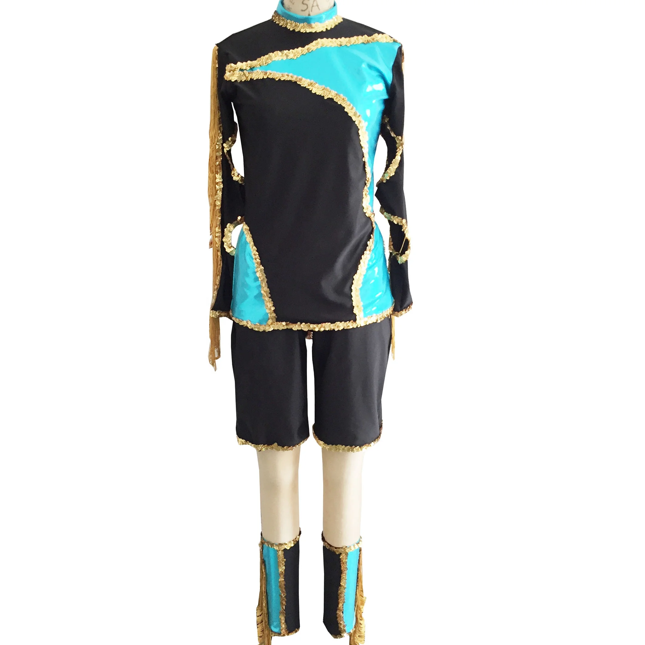 blue foil black spandex dance leotard jazz sequin trim dance costume long sleeve two piece Gymnastics performance clothes