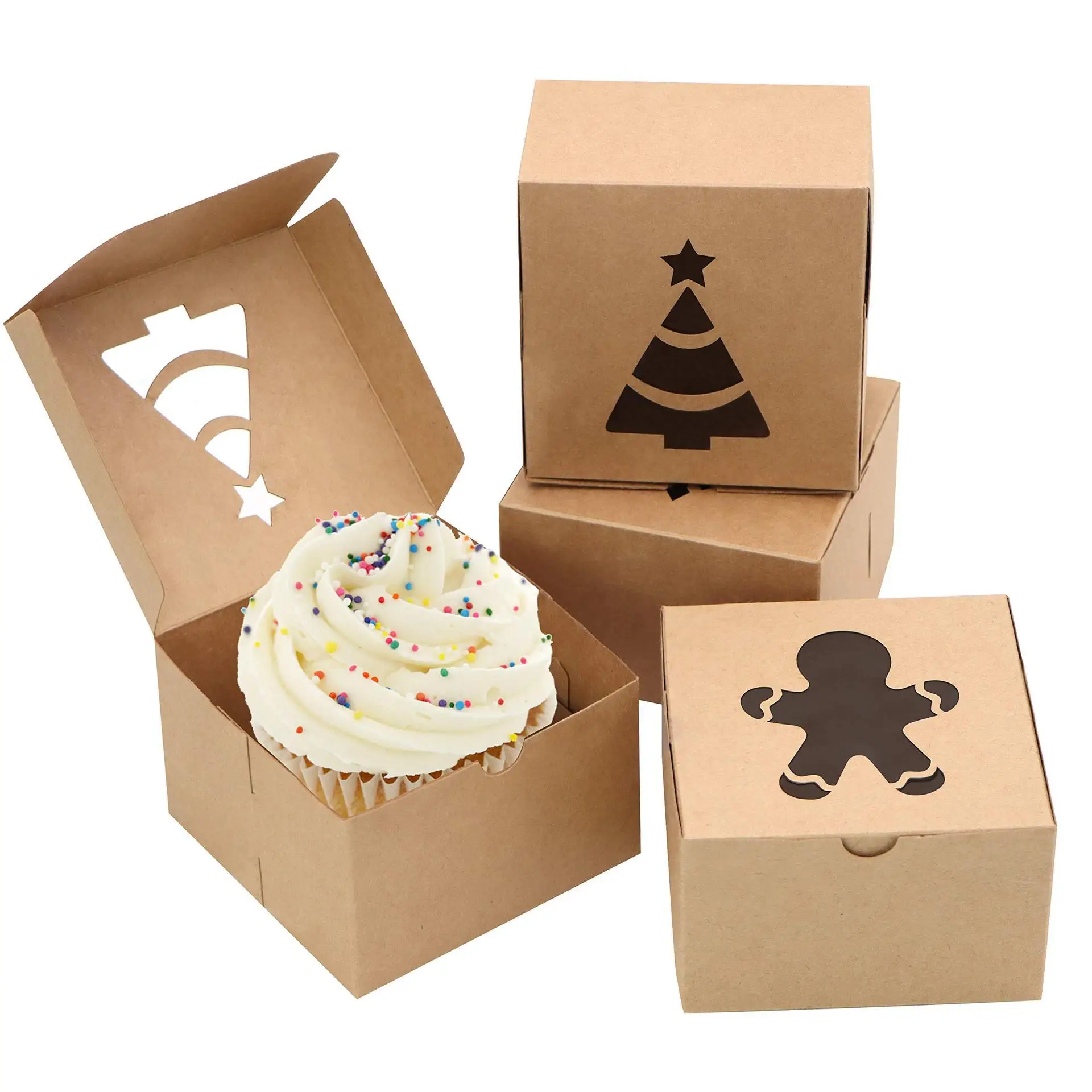 Wholesale Kraft Paper Cupcake Box Clear Window Kraft Paper Cookie Candy Boxes Sweet Packaging Box