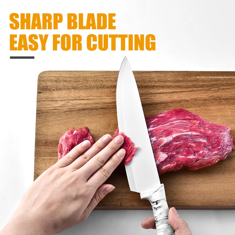 Non-Stick Coating Marble Handle 6pcs Kitchen Knife Set With Block Carving Knife Chef Knife In Color Box