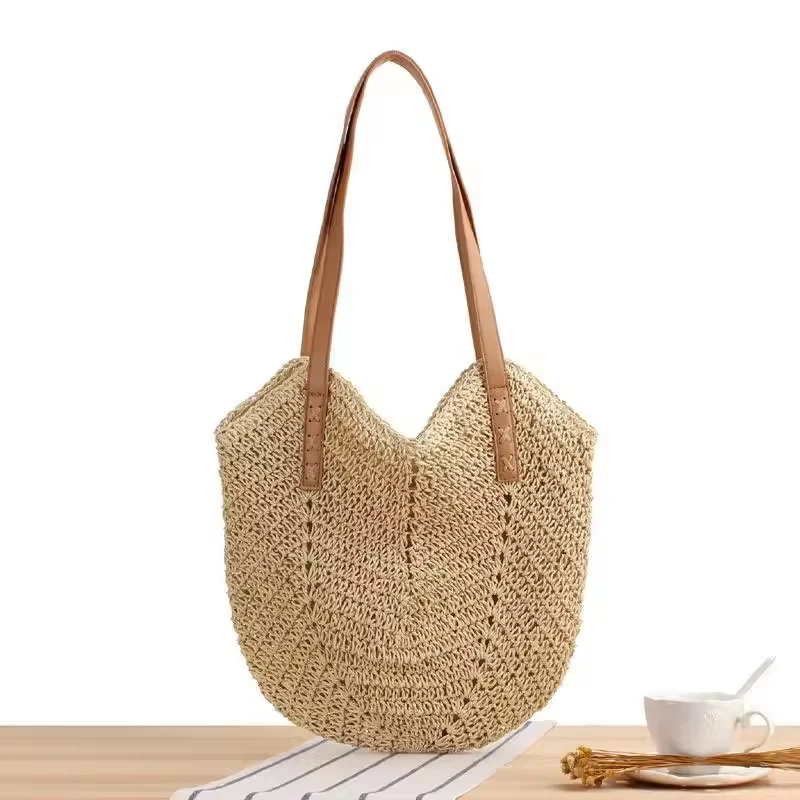 Wholesale Women Bucket Hobo Handmade Beach Straw Shoulder Bag with Leather Handles