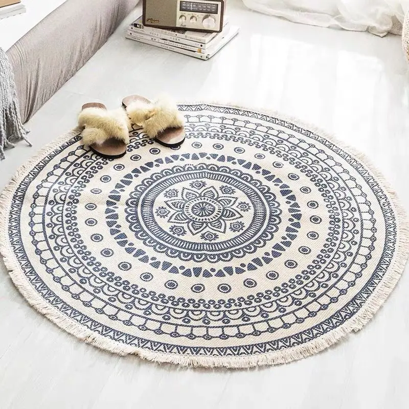 Nordic INS Round Area Rug For Bedroom Ethnic Style Bohemia Woven Cotton Linen Rug Carpet Knitting Floor Mat 90cm 120cm 150cm