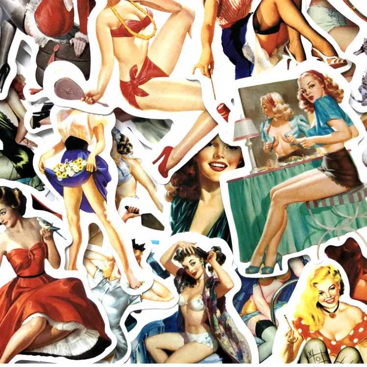 
50PCS Vintage Girls Sticker Pack PVC Waterproof Stickers For Skateboard Bottle Laptop Hot Sale Beautiful Cute Girls Cartoon Set 