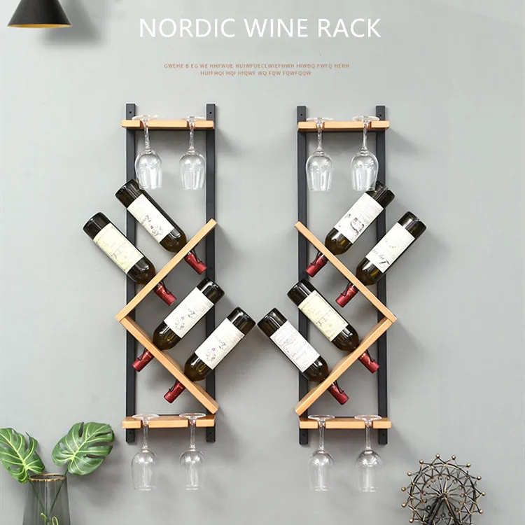 Home Decor Wooden Wall Glass Organizer Shelves Wall-mounted Wine Display Racks Metal Wine Rack