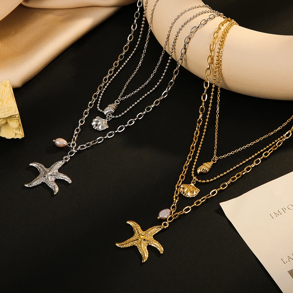 Summer Fashion Three-Layer Pearl Starfish Pendant Necklace Stainless Steel Shell Conch Necklace for Women