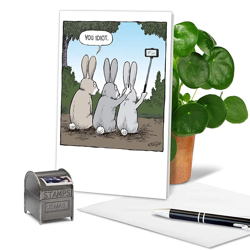 
Funny Happy Birthday Greeting Card with Envelope Rabbit Cartoon Celebration and Congrats Note Card Humorous Animal 
