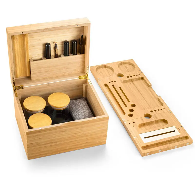 Деревянная коробка для Хранения Сигар из натурального бамбука с рулонным лотком, герметичная банка, измельчитель трав, кодовый замок, щетка