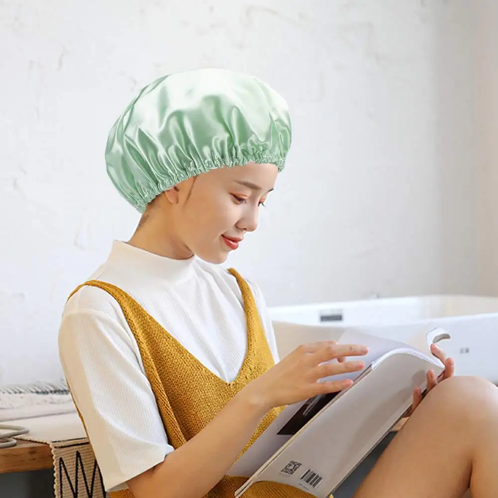 Double Layered Waterproof Eva Plastic Hair Bath Caps Blue Custom Style Solid Color Reusable Silk Satin Lined Orange Shower Cap