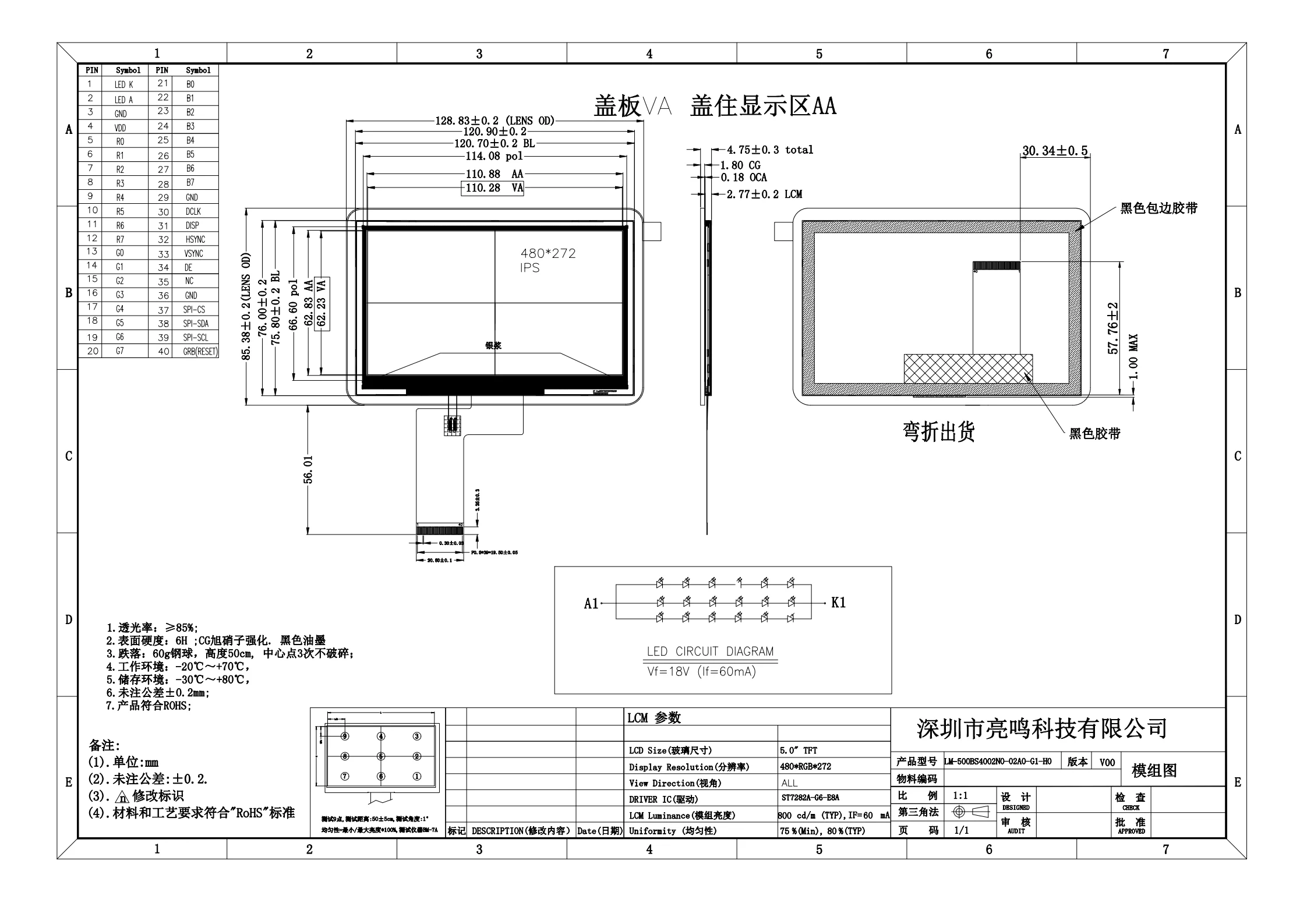 Low Price Customized RGB TTL 40pin lcd Screen 5 Inch 480*272 Resolution tft lcd Display With all Viewing lcd Display