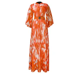 Print chiffon batwing sleeve belt turkish silk saree plus size boubou african traditional dresses islamic clothing