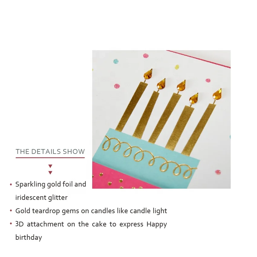 Colorful 3D Cake Wish Birthday Handmade Cards, Greeting Cards With Gems and Foil