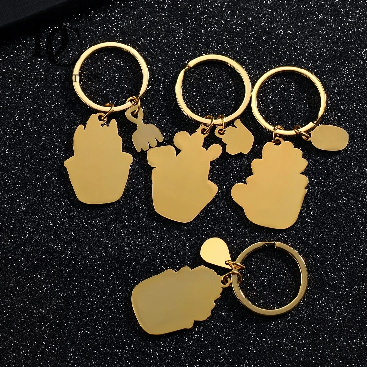 2024 Hot Selling Metallic Plant Keychain Custom Gold Color Soft Enamel Cactus Flower Keychain
