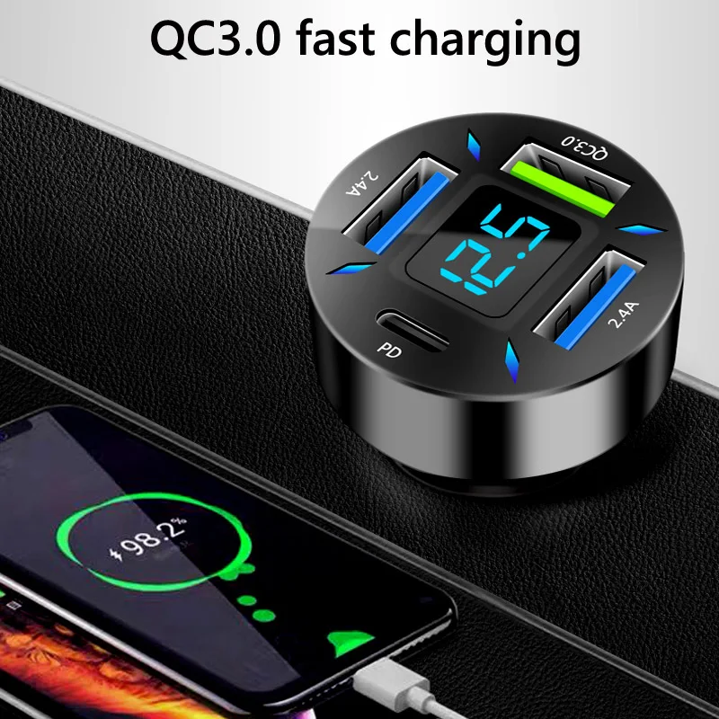 66W 4 Ports USB PD Quick Car Charger QC 3.0 Type C Cigarette Lighter 12V USB C Car Charger for Mobile Phone